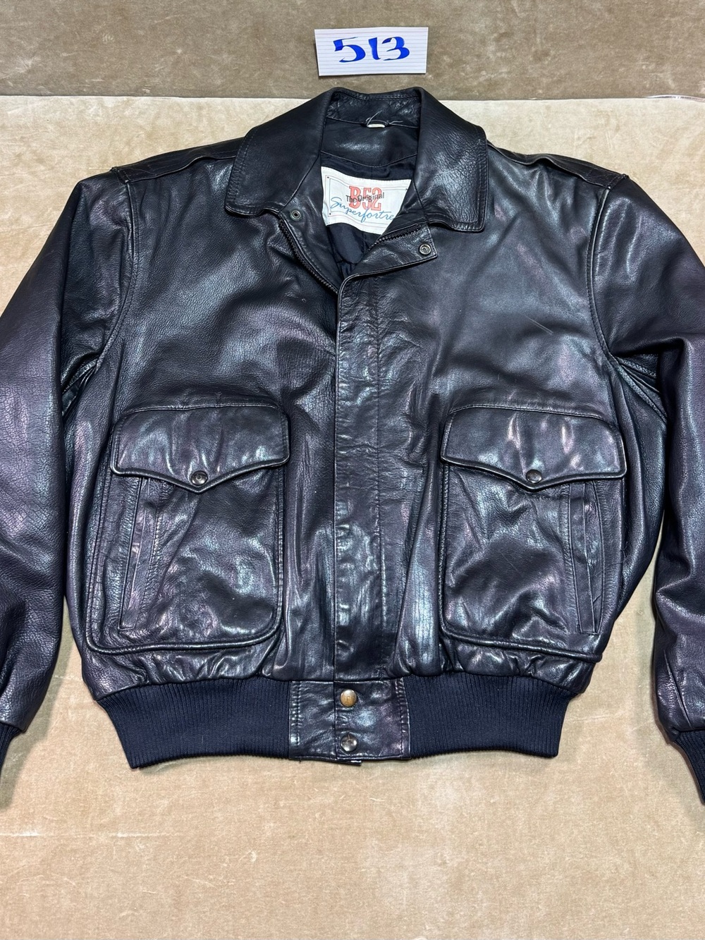 Black Leather Bomber Jacket with Front Flap Pockets